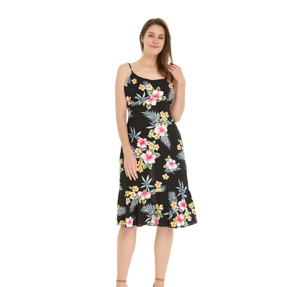 NWT Hawaiian Floral Black Midi Slip Dress with Pink & Yellow Blooms Medium